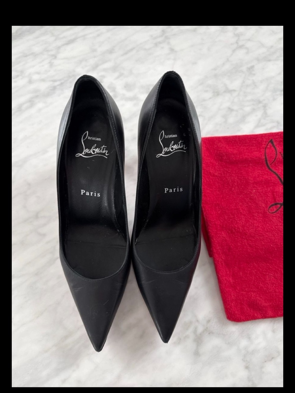 Christian Louboutin Black Leather Pointed Pumps with Red Sole - 3 1/2" Heel - Picture 5 of 8